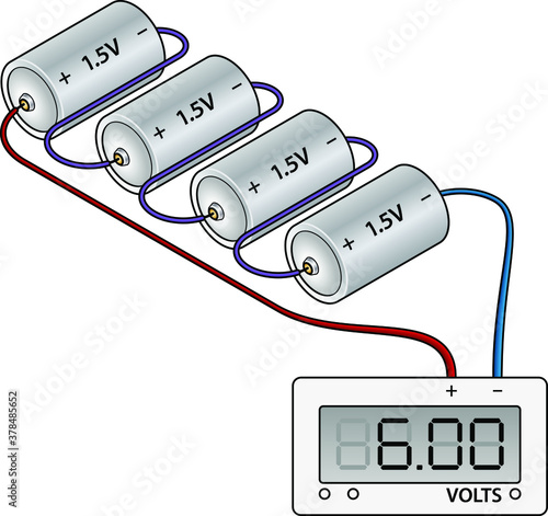 Four dry cell batteries wired to a voltmeter in series. photo