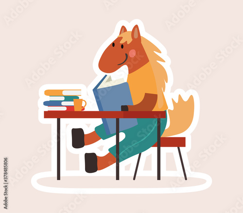 Cartoon student horse studying at a desk working from a text book with a smile in an education concept, colored vector illustration