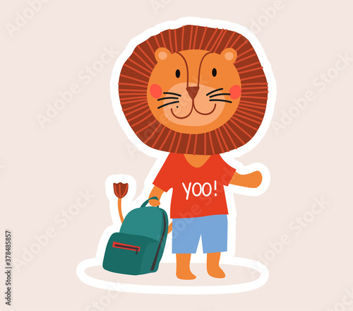 Cute little cartoon lion student with school bag on his way to class in an education concept, colored vector illustration