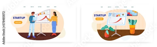 Man and woman team pitch startup to investors. Startup business concept illustration. Vector web site design template. Business presentation with financial charts and graphs