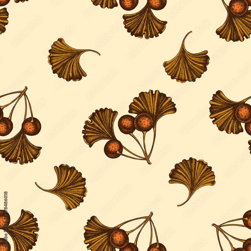 Obraz premium Seamless pattern with hand drawn colored ginkgo
