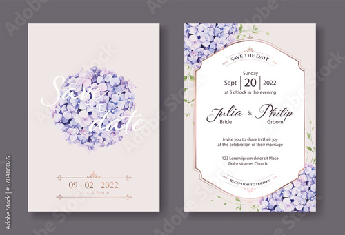 Hydrangea flowers wedding Invitation, save the date card Design template. Watercolour style.