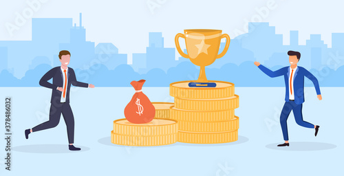 Business Competition, ambition or Corporate conflict concept with two competing businessmen running for the gold cup award and bag of money, colored vector illustration