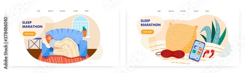 Woman sleep on a couch at home. Nap during the day concept illustration. Vector web site design template. Pillow, eye mask, mobile phone