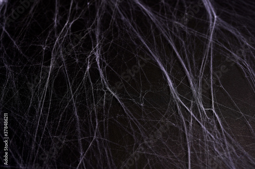 halloween, decoration and horror concept - artificial spider web over black background