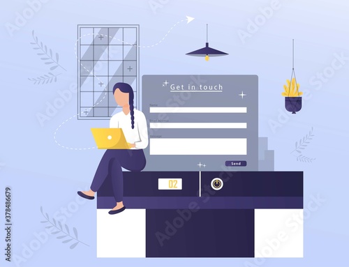 Woman playing laptop with Get in touch metaphors concept illustration. Company development direction, team building exercise, corporate communication. Vector isolated concept metaphor illustrations