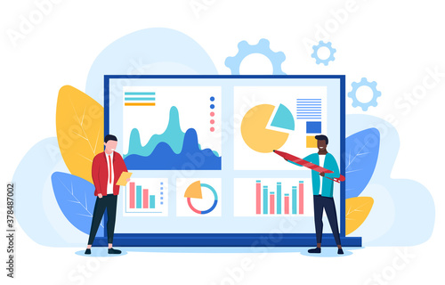 Multicultural business team doing data analysis standing in front of a laptop screen with statistical charts, colored vector illustration photo