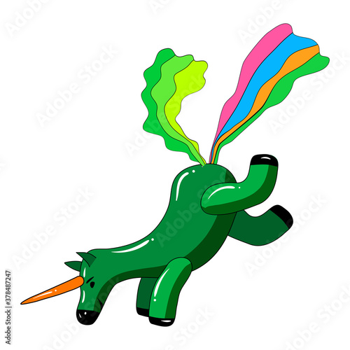 Unicorn pooping a rainbow, fantasy cute character beast multicolored shit turd. Vector illustration isolated cartoon style