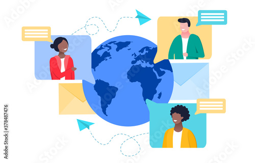 Online communication concept with friends chatting from different global locations and email icon, colored vector illustration