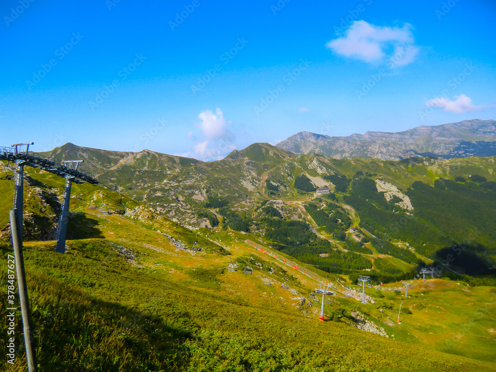 Panoramic View of Gomito mountain, Abetone, Pistoia, Tuscany, Italy, in summer.