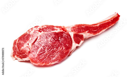 Slice of mutton meat isolated on white. Top view of mutton steak.
