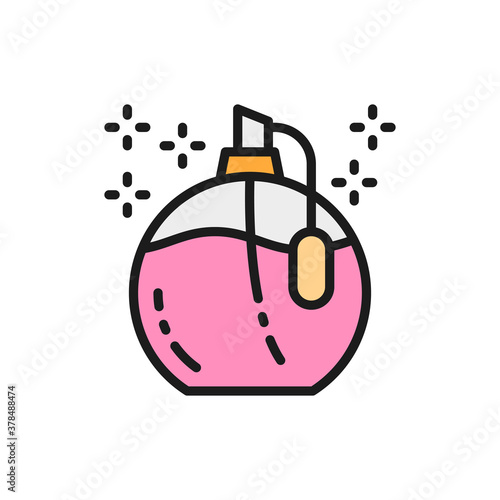 Perfume in a bottle, fragrance jar, tester, sampler flat color line icon.