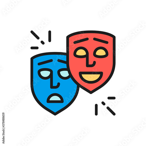 Theater masks, comedy and tragedy faces, smile and sad flat color line icon.