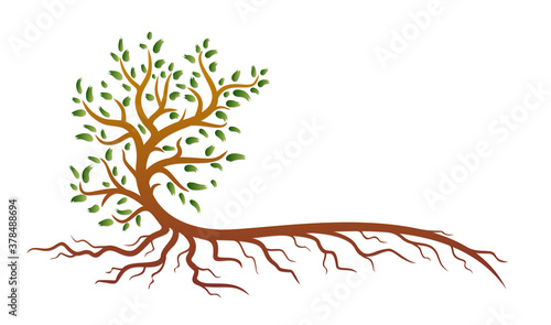 A symbol of a stylized green tree with roots.