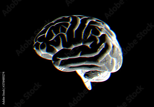 White drawing brain glowing on black BG