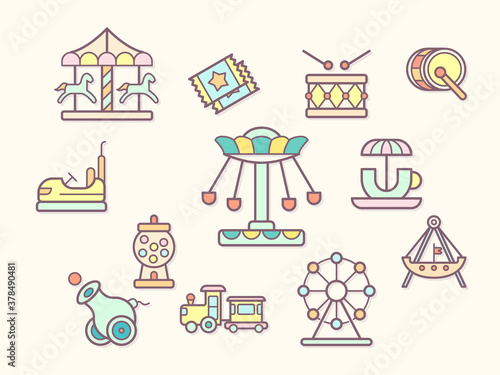 Vector illustration of a fun park and amusement park elements. Contains such as ride, Bumper cars, ferris wheel, big wheel, attraction, merry-go-round, carousel and more.