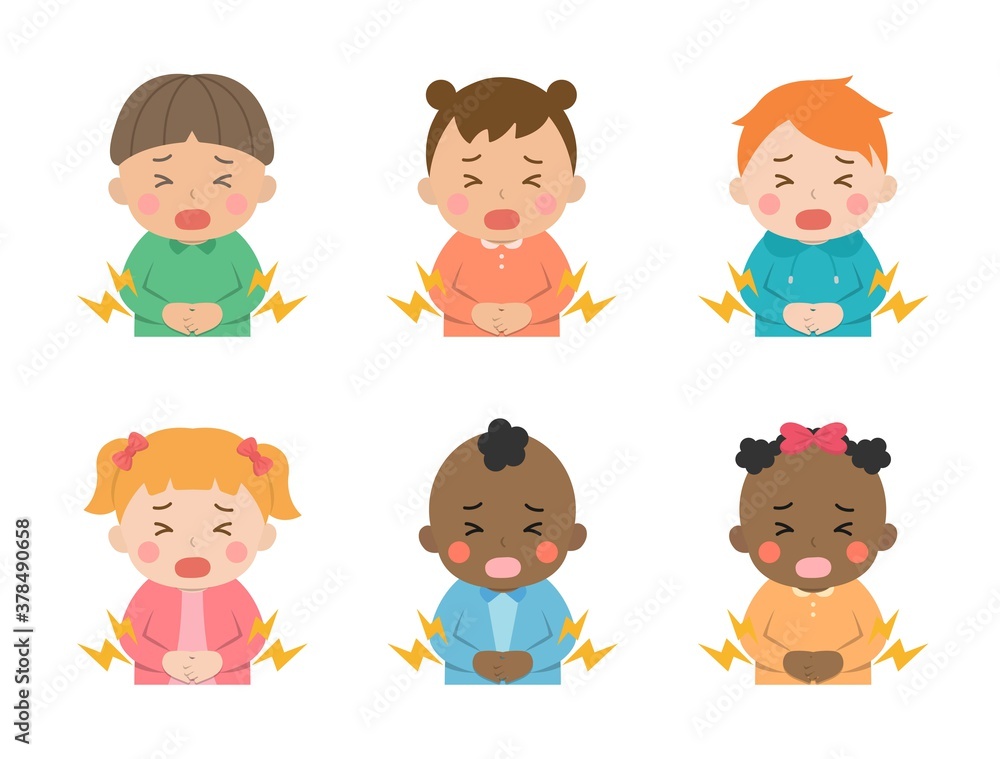 Cute children's daily illustration set, different races with skin color, stomach pain, sickness, pain, hands holding belly, cartoon vector illustration, set, isolated