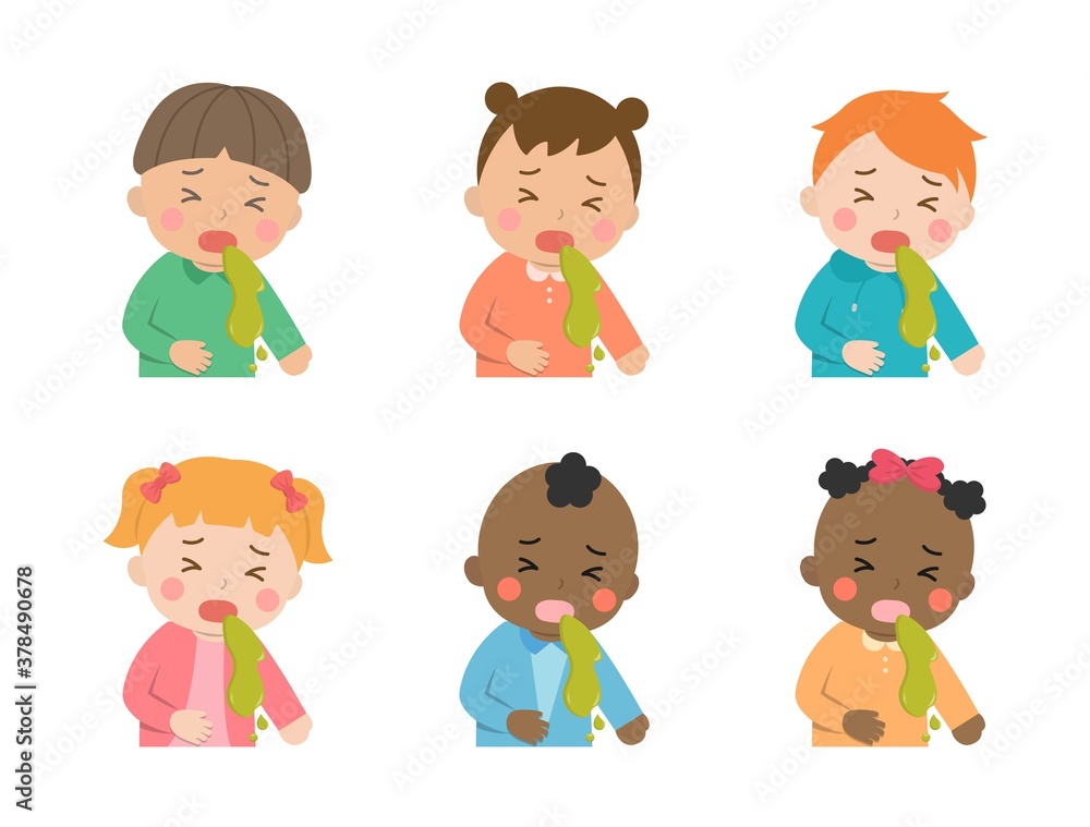 Cute children daily illustration set, different races with skin color, vomiting, illness, cold, virus, cartoon comic vector illustration, set, isolated Cute children daily illustration set, different races with skin color, vomiting, illness, cold, virus, cartoon comic vector illustration, set, isolated