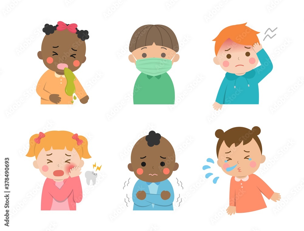 Cute children's daily illustration set, different races with skin color, vomiting, illness, cold, virus, face mask, cartoon comic vector illustration, set, isolated
