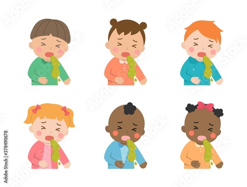 Cute children daily illustration set, different races with skin color, vomiting, illness, cold, virus, cartoon comic vector illustration, set, isolated