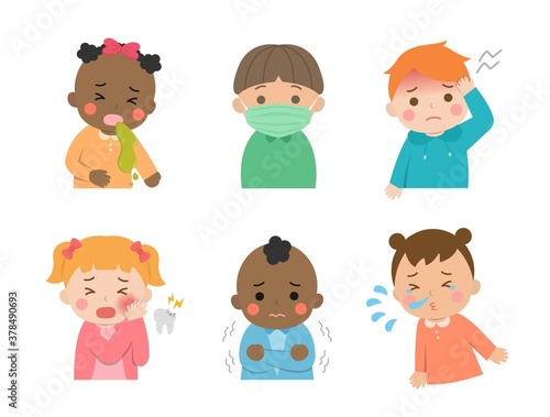 Cute children s daily illustration set  different races with skin color  vomiting  illness  cold  virus  face mask  cartoon comic vector illustration  set  isolated