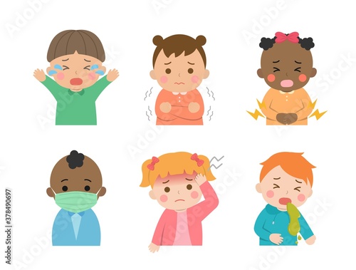 Cute children s daily illustration set  different races with skin color  crying  illness  cold  virus  face mask  vomiting  cartoon comic vector illustration  set  isolated