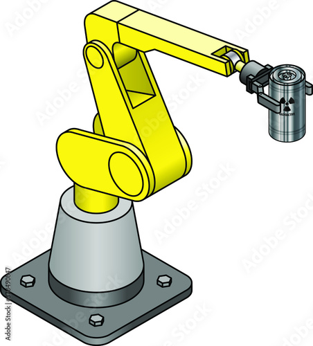 An industrial robot arm holding a shielded radioactive fissile material canister.