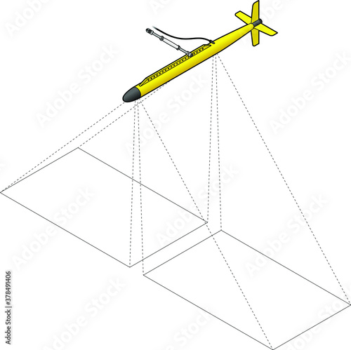 A side scan sonar tow fish. With dashed lines showing sonar coverage.