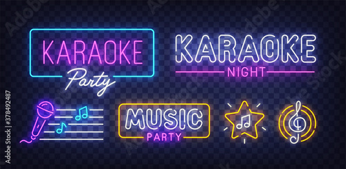 Karaoke neon sign. Sign of Karaoke Party with colorful neon lights isolated on brick wall. Vector illustration