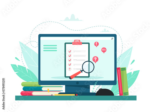 Browse vector illustration. Concept for quality control and satisfaction report. Customer feedback or opinion form. Client responds to understanding with a professional research team