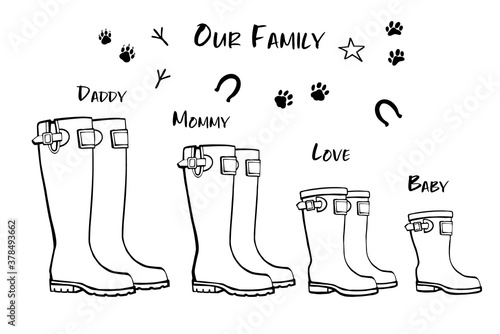 Family concept with rain rubber boots. Black and white line art wellies collection. Rubber boots autumn fall concept. Vector linear illustration. Decoration family card on white background.