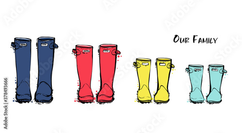 Family concept with rain rubber boots. Blue red yellow wellies collection. Rubber boots autumn fall concept. Vector linear illustration. Decoration family card on white background.