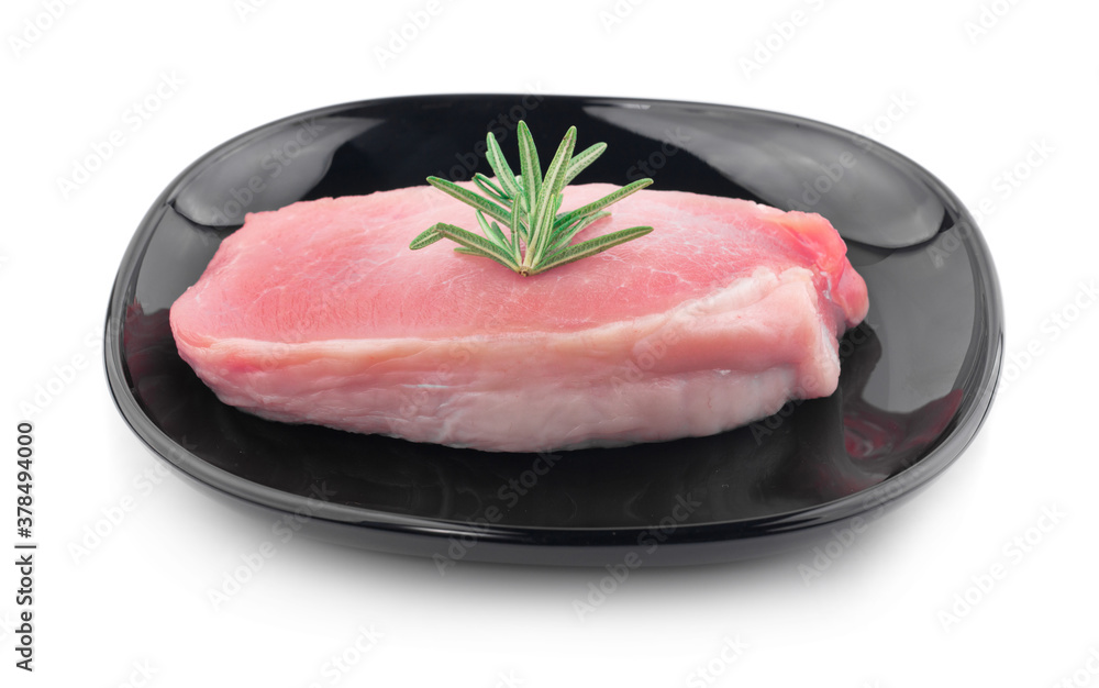 Fresh pork with rosemary on white background Fresh pork with rosemary on white background