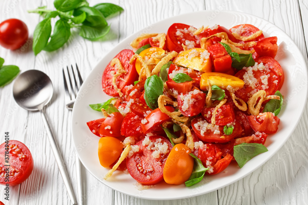 tomato salad with fried onion, quinoa and basil tomato salad with fried onion, quinoa and basil