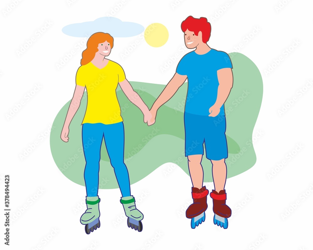 Girl and guy on roller skates, couple of happy teens on roller skates. Vector illustration, isolated on white background.
Girl and guy on roller skates, couple of happy teens on roller skates. Vector illustration, isolated on white background.