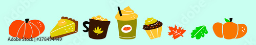 Pumpkin spice. Various tasty stuff. Colored vector set on blue background