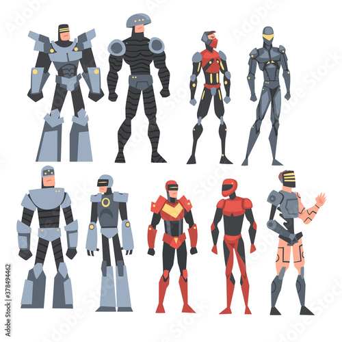 Men in Robot Costumes Set, Cyborgs or Superheroes Characters, Carnival Party or Masquerade Concept Cartoon Style Vector Illustration