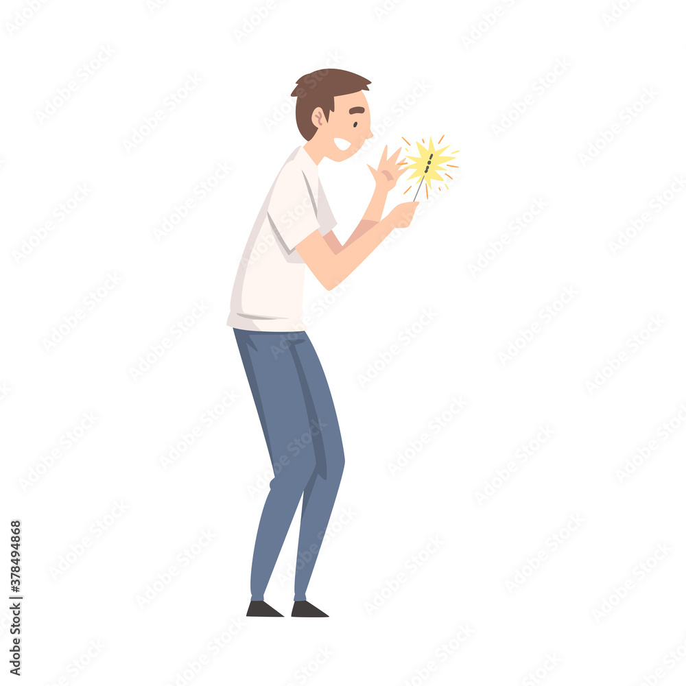 Happy Young Man with Burning Sparkler, Guy Celebrating Holidays Cartoon Style Vector Illustration Happy Young Man with Burning Sparkler, Guy Celebrating Holidays Cartoon Style Vector Illustration