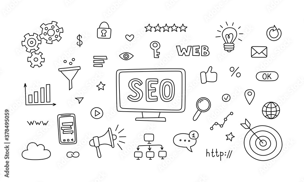 Seo technology and web traffic optimization. Hand drawn seo icons collection. Vector illustration in doodle style on white background Seo technology and web traffic optimization. Hand drawn seo icons collection. Vector illustration in doodle style on white background