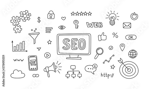 Seo technology and web traffic optimization. Hand drawn seo icons collection. Vector illustration in doodle style on white background