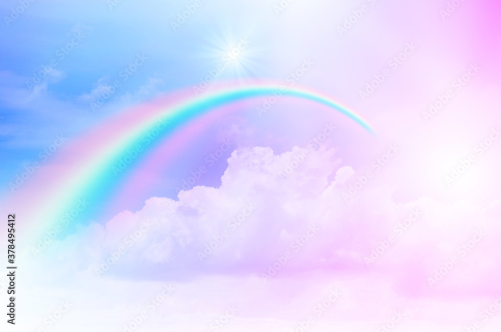The Rainbow sky is Colorful sky with Soft clouds and a rainbow crossing. Fantasy magical sunny sky pastel background is fluffy white cloud. Freedom wallpaper concept. Sweet color dream. The Rainbow sky is Colorful sky with Soft clouds and a rainbow crossing. Fantasy magical sunny sky pastel background is fluffy white cloud. Freedom wallpaper concept. Sweet color dream.