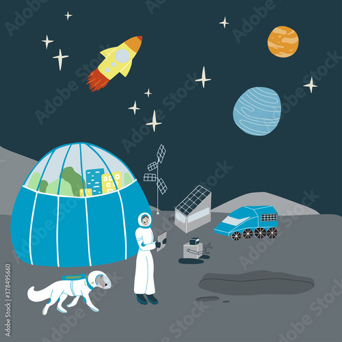 Astronaut base on the grey satelline. Handdrawn vector illustration of landscape of Moon surface with cities under the dome, radio station, robots, growing food and view on other colonies.