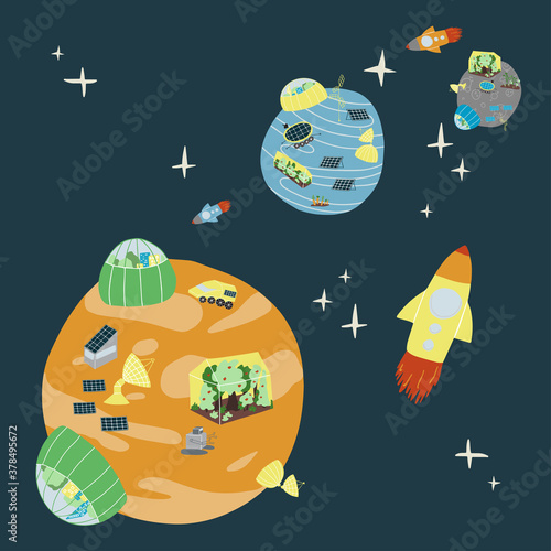 Space exploring  and colonization planets. Vector illustration of space colonization, bases on Mars, Mercury and Moon with cities under the dome, solar batteries and robots.