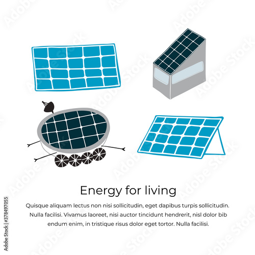Various solar batteries for space colonization. Handdrawn vector illustration of solar batteries which helps colonists and astronauts to mine energy for cities and technics.