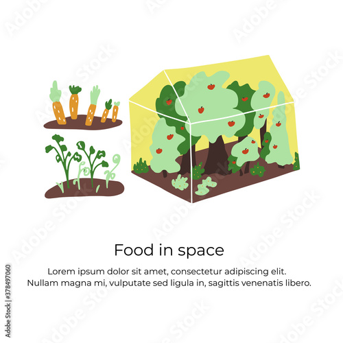 Greenhouse in space colony. Handdrawn vector illustration of beds with vegetables and greenery, greenhouse under the dome on the space colony.