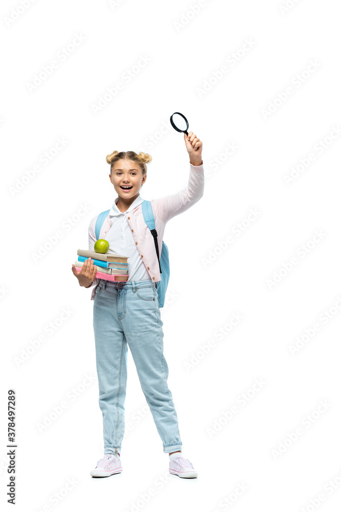 Girl with backpack holding loupe and books with apple on white background Girl with backpack holding loupe and books with apple on white background