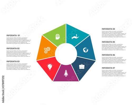 Circle elements of graph, diagram with 7 steps, options, parts or processes. Template for infographic, presentation.