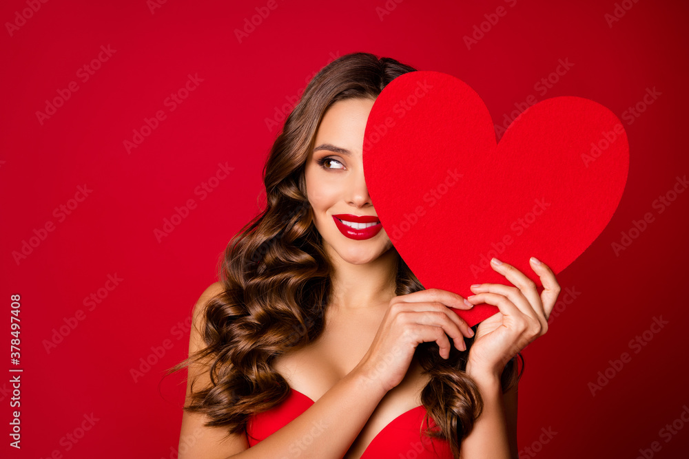 © deagreez - Portrait of passionate attractive flirt pretty gorgeous trend girl mistress close cover face big paper card present surprise boyfriend 14-february isolated bright shine color background