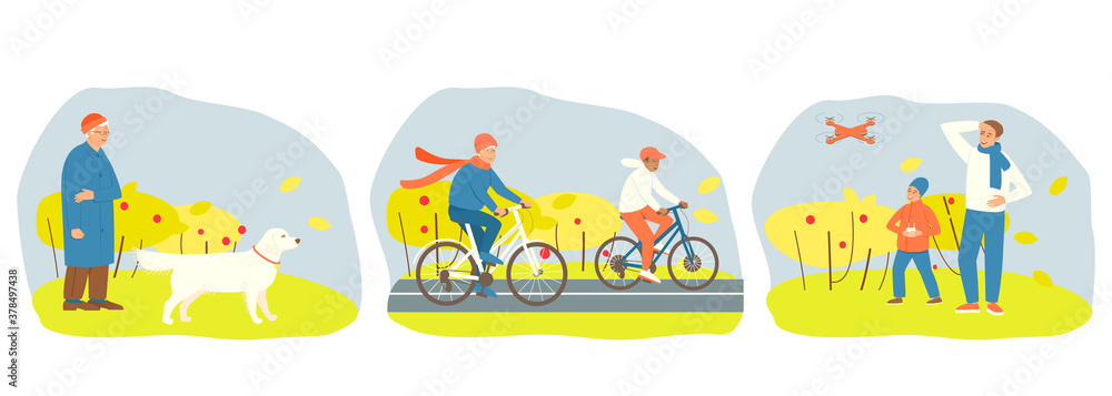 Set of autumn fun in the park. Dad is watching Child playing drone. Dog handler walks Labradors. Grandma rides a bicycle with her grandson. Flat vector illustration.