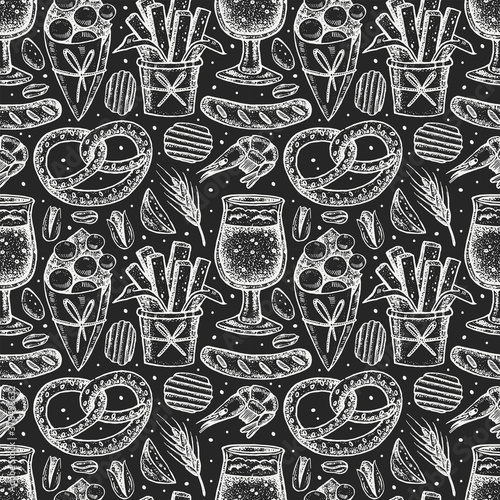 Oktoberfest seamless pattern, texture. Alcohol, glass of beer, snacks, fast food, german sausage, chips, fried potato, meat, bread, peanuts, pretzel. Bar, pub menu design. Chalk board design.
